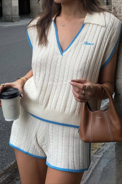 Ensemble deux pièces sans manches en maille color block avec col en V