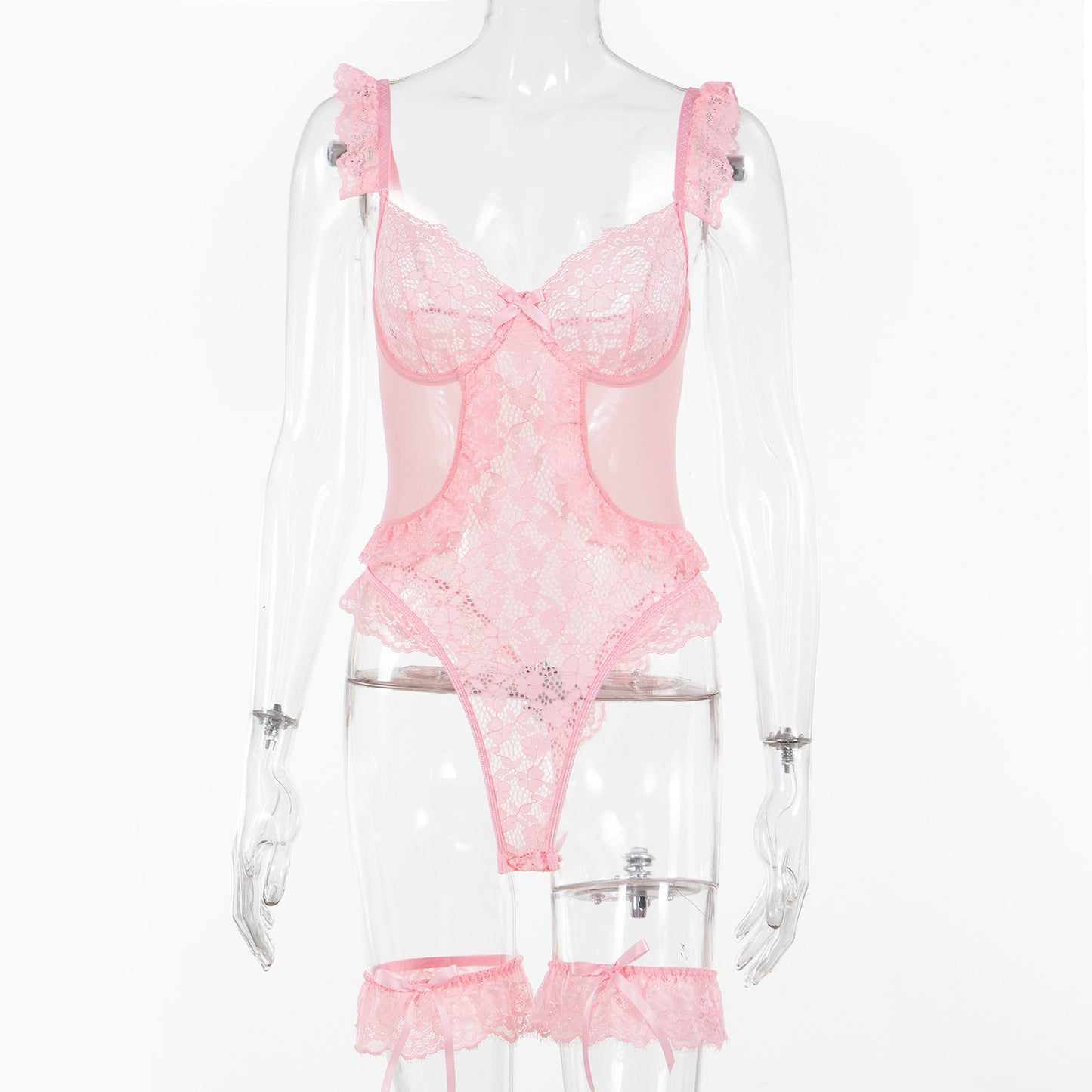 Women Sexy Lingerie Bodysuit Floral Lace Teddy Babydoll Snap Crotch Ruffle One Piece with Thigh Bands