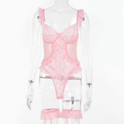 Women Sexy Lingerie Bodysuit Floral Lace Teddy Babydoll Snap Crotch Ruffle One Piece with Thigh Bands