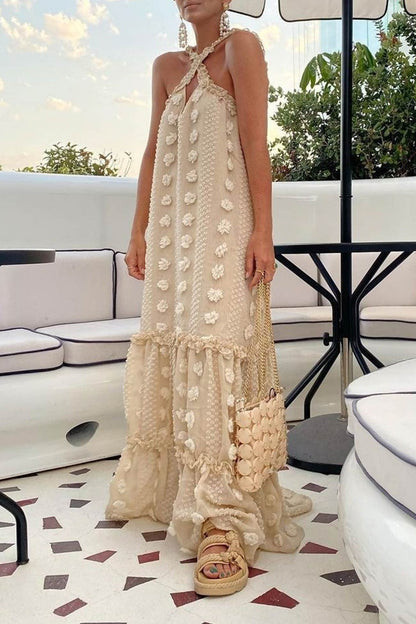Maxikleid mit 3D-Blumenmuster und überkreuztem Neckholder