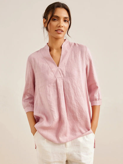 Women's 100% Linen Dress Shirt Stand Collar Half Sleeve Relaxed Fit Casual Summer Beach Vacation Blouse Top