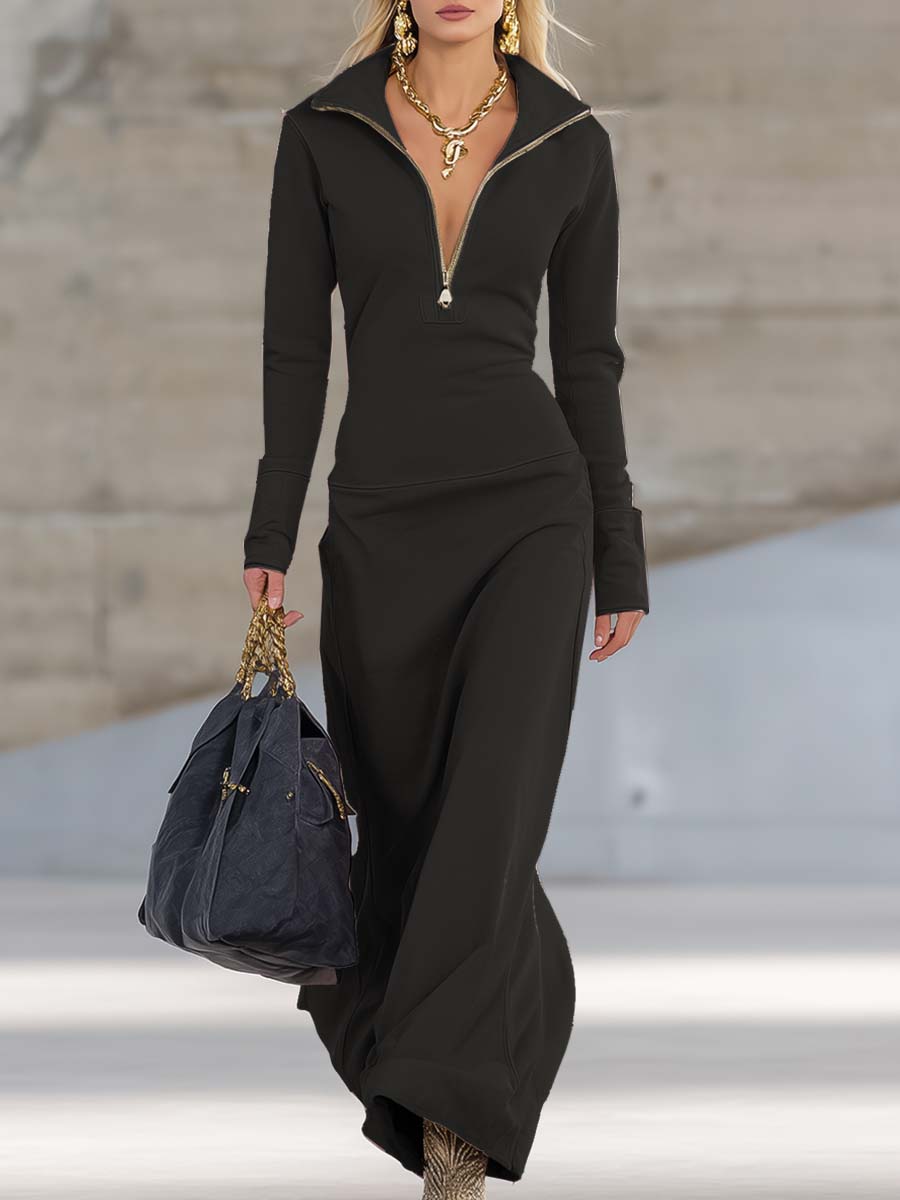 Elegant Retro Sporty V-neck Front Zipper Long-sleeved Pink Maxi Dress - Seldom Seen Styles