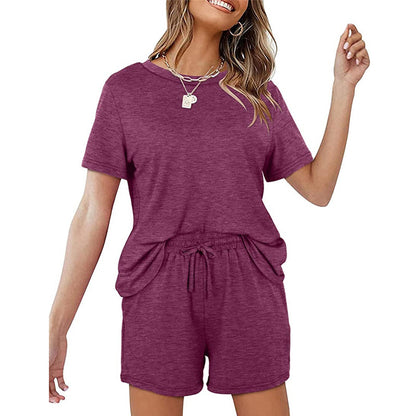 2025Summer New Women's Two-Piece Set Solid Color Short Sleeve T Casual T-shirt and Shorts Set for Women