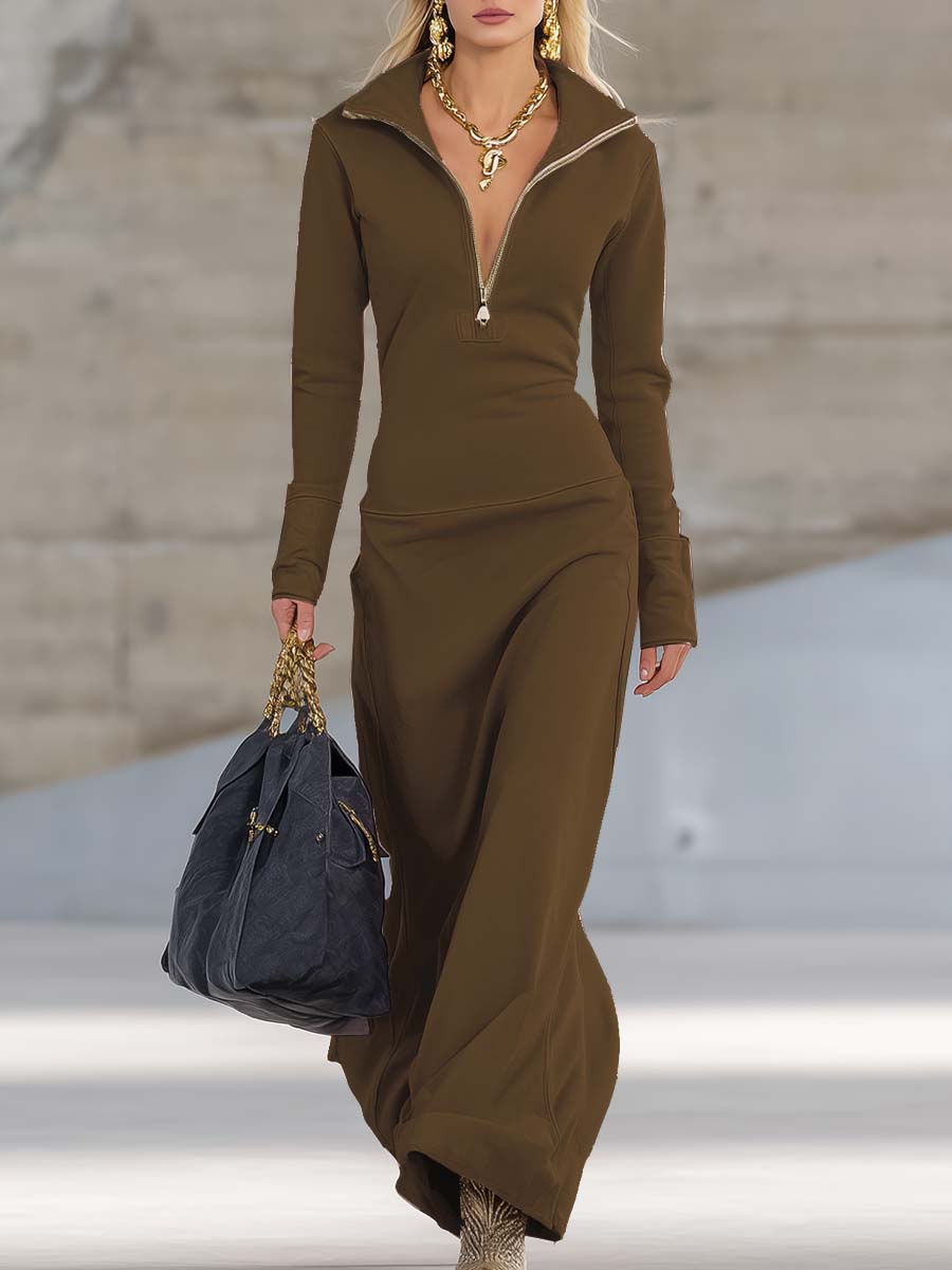 Elegant Retro Sporty V-neck Front Zipper Long-sleeved Pink Maxi Dress - Seldom Seen Styles