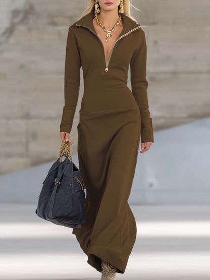 Elegant Retro Sporty V-neck Front Zipper Long-sleeved Pink Maxi Dress