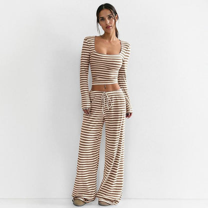 Women's Slouchy Square Neck Stripe Long Sleeve Crop Top & Low-Rise Wide Leg Trousers Co-ord, Minimalist Two Piece Outfits, Cozy Womenswear
