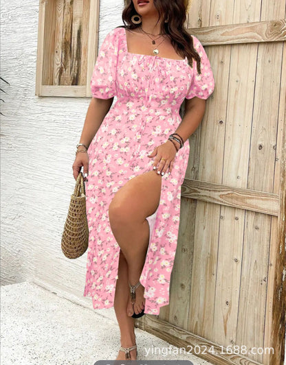 【Grande taille】 Robe fendue à imprimé floral, robe décontractée à manches bouffantes et nouée sur le devant, vêtements bohèmes pour femmes, vêtements de plage d'été, grande taille élégante, vêtements bohèmes pour femmes, vêtements pour femmes