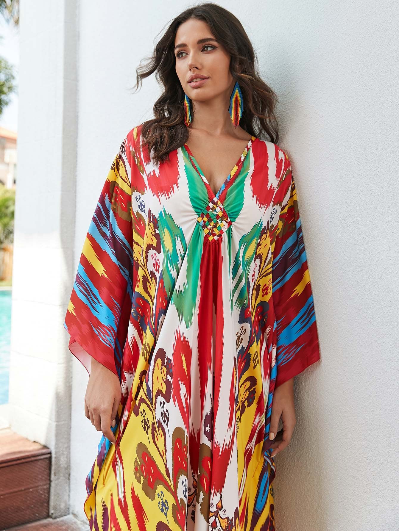 [Plus Size] Butterfly/feather Print Ruched Split Hem Tunic Dress, Valentine's Day Elegant Batwing Sleeve V Neck Long Dress for Summer, Casual Womenswear, Gift, Homecoming Dresses, Women's Clothes for Beach Holiday Vacation, Moo Moo Dresses