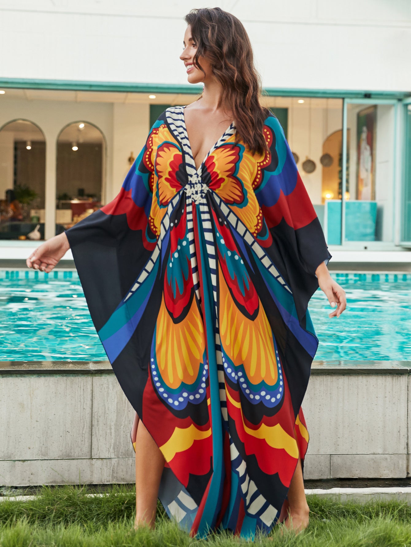 [Plus Size] Butterfly/feather Print Ruched Split Hem Tunic Dress, Valentine's Day Elegant Batwing Sleeve V Neck Long Dress for Summer, Casual Womenswear, Gift, Homecoming Dresses, Women's Clothes for Beach Holiday Vacation, Moo Moo Dresses