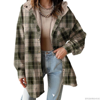 Women's Flannel Hooded Plaid Fuzzy Fleece Jacket