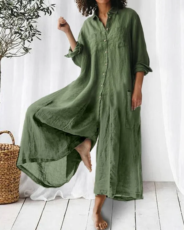 Women Linen Button Down Long Sleeve Wide Leg Jumpsuit Beach Palazzo Pants One Piece Jumpsuit - Seldom Seen Styles