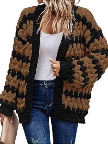 2024 Autumn and Winter Amazon New Lantern Sleeve Striped Loose Multicolor Twisted Knitted Winter Sweater Coat