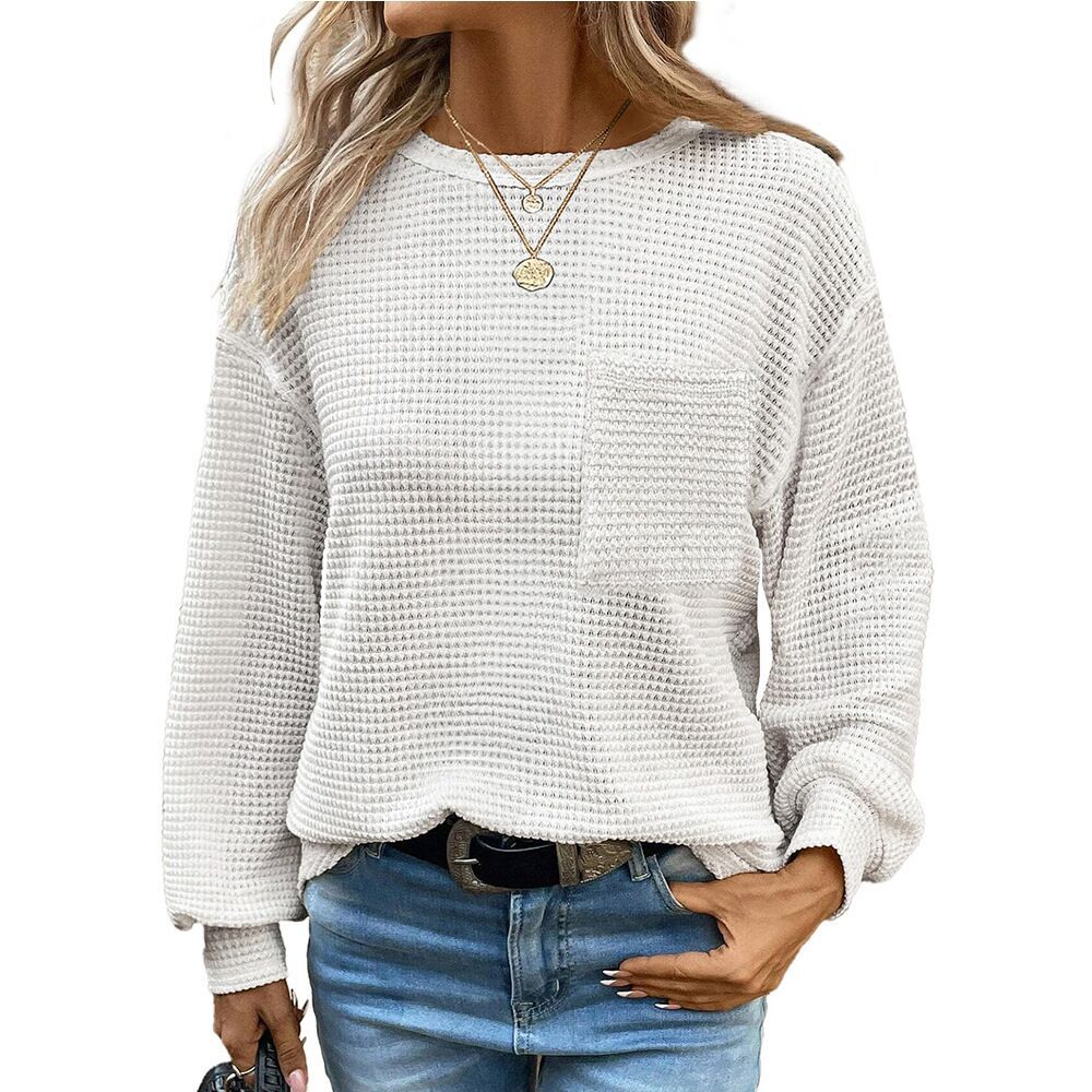 Womens Waffle Knit Tops 2025 Oversized Long Sleeve Crewneck Shirts Business Casual Blouses Basic Shirts - Seldom Seen Styles