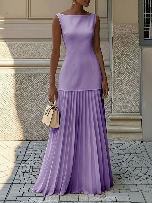 Sleeveless Gauze Pleated Solid Color Split-Joint Boat Neck Evening Dresses Maxi Dresses - Seldom Seen Styles