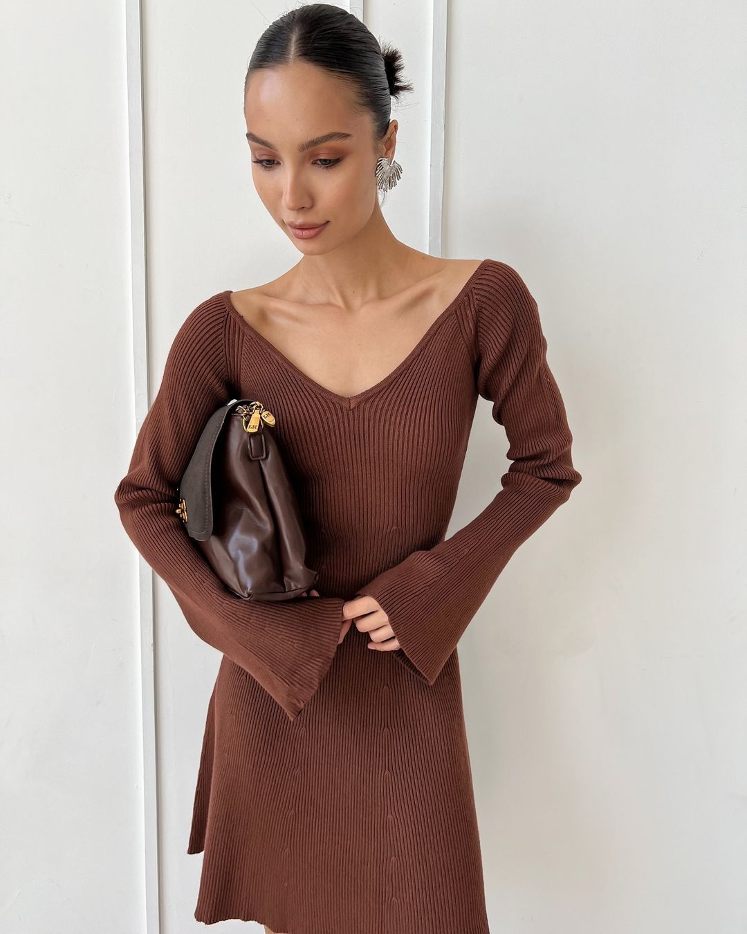 off-Shoulder Dress Woolen Skirt Sexy Knitted Dress Long Sleeve Short Dress Thickened A- line Europe and America Cross Border Autumn and Winter Skirt