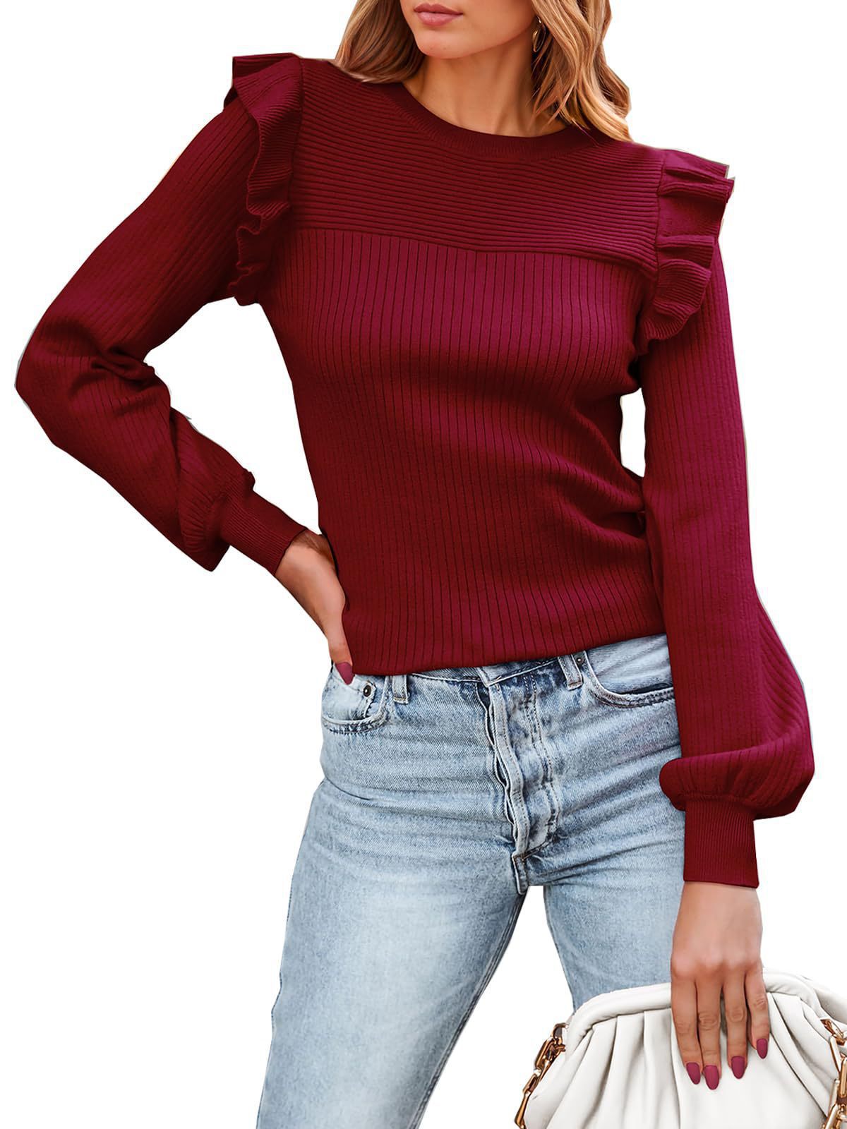 Amazon Cross-Border Women's Ruffled Shoulder Long Sleeve Sweater round Neck Slim Fit2023Autumn and Winter Rib Knitted Top