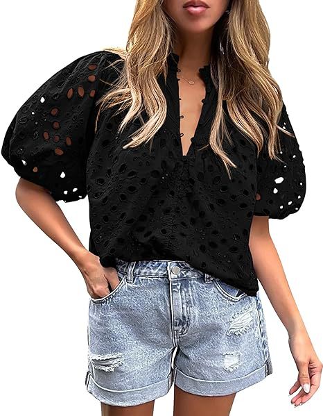 PRETTYGARDEN Women's Summer Tops Dressy Casual Short Lantern Sleeve V Neck Buttons Hollow Out Lace Embroidered Blouses Shirts