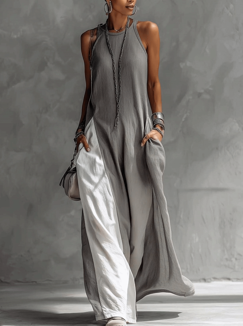 Color Block Gray Sleeveless Cotton Linen Maxi Dress - Seldom Seen Styles