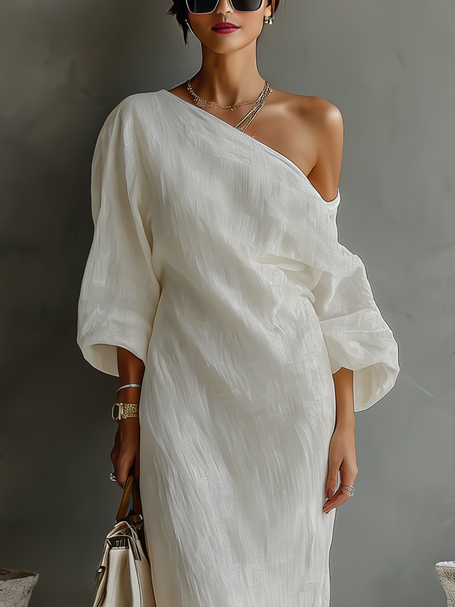 Women's Ivory White Cotton-Linen Blend One-Shoulder Flowing Elegant Dress MDA3032K4T - Seldom Seen Styles