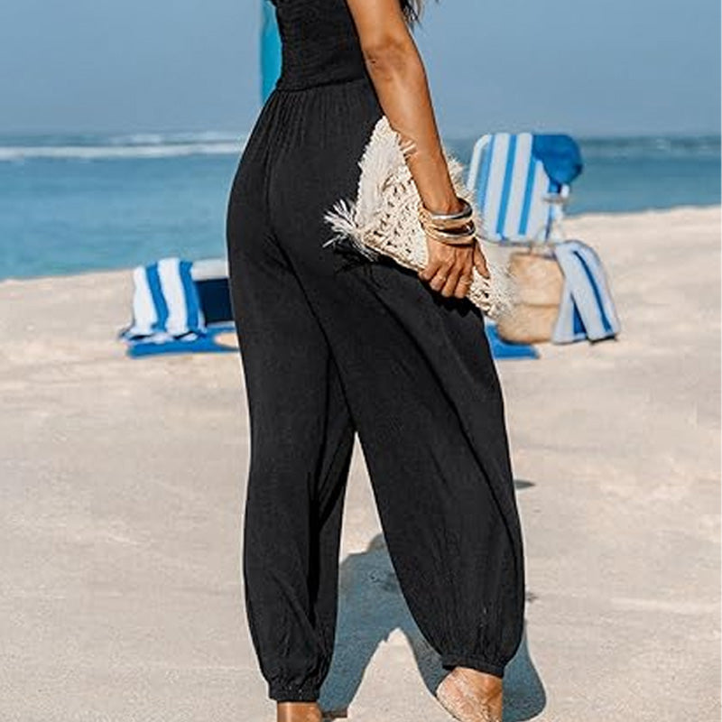 Women's Halter Neck Jumpsuit Deep V Backless Loose Fit Wide Leg Summer Beach Outfit - Seldom Seen Styles