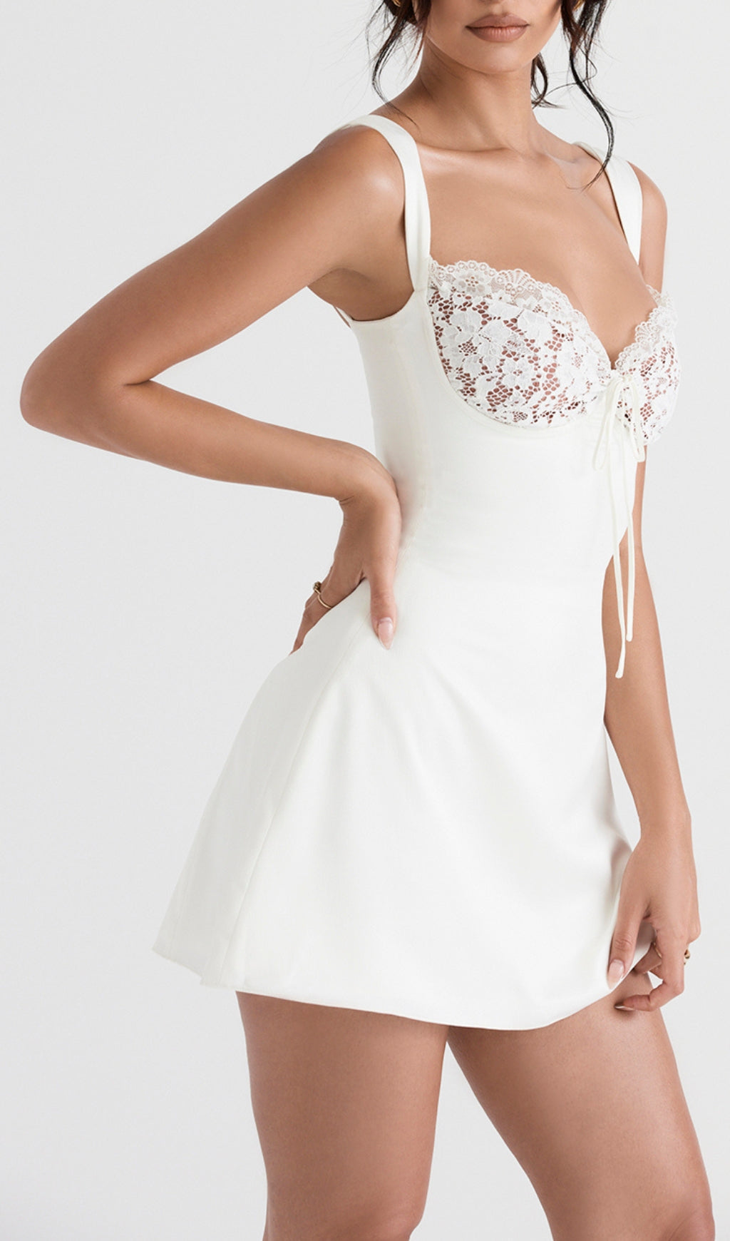 Women's Satin Lace Mini Dress Elegant Corset Style White Party Dress with Bow Detail - Seldom Seen Styles