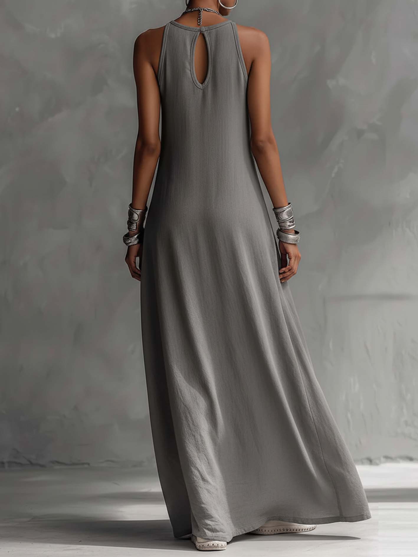 Color Block Gray Sleeveless Cotton Linen Maxi Dress - Seldom Seen Styles