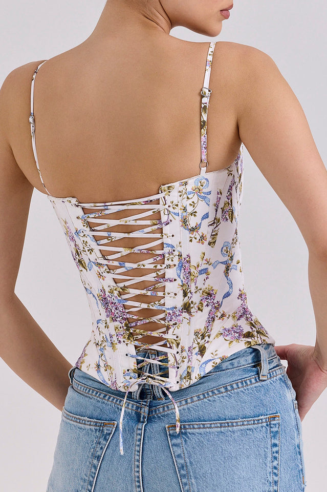 Women's Floral Ribbon Print Corset Top Lace Trim Bustier Cami Spaghetti Strap Vintage Cottagecore Summer Crop Top - Seldom Seen Styles