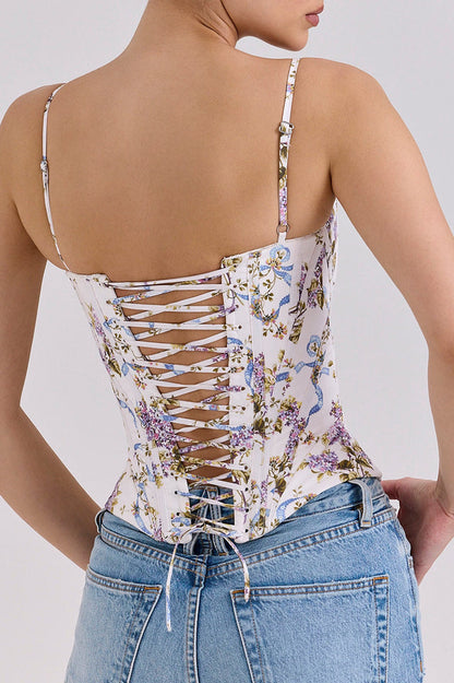 Women's Floral Ribbon Print Corset Top Lace Trim Bustier Cami Spaghetti Strap Vintage Cottagecore Summer Crop Top