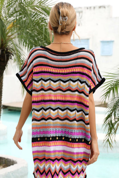 Rainbow Stripe Scalloped V-Neck Cover-Up Dress