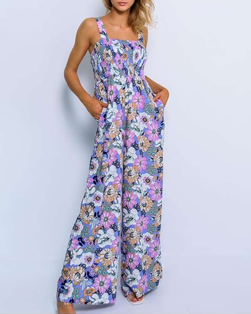 Women's Floral Smocked Wide-Leg Jumpsuit – Sleeveless Summer Romper with Pockets - Seldom Seen Styles