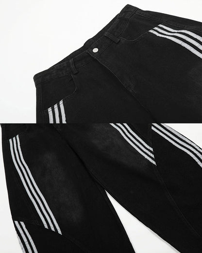 Contrast Striped Wide-Leg Denim Pants Striped Stitching Barrel Jeans