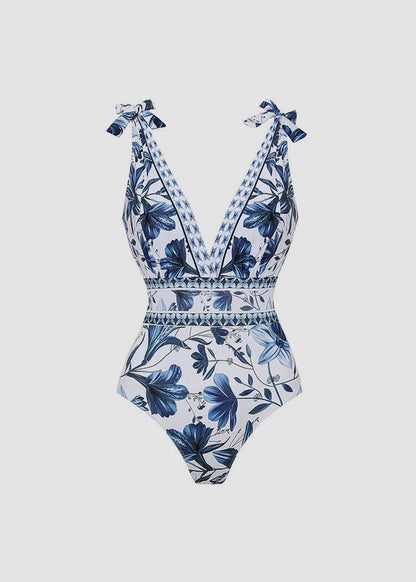 V Neck Lace Up Printed One Piece Swimsuit and Skirt