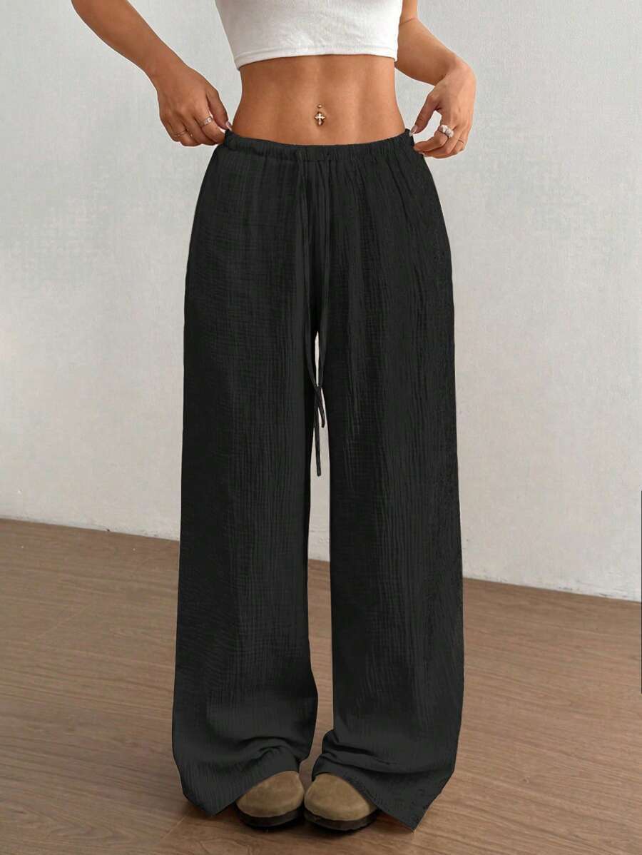 Womens Cotton Linen Palazzo Pants Drawstring Elastic Waist Casual Wide Leg Trousers with Pockets - Seldom Seen Styles