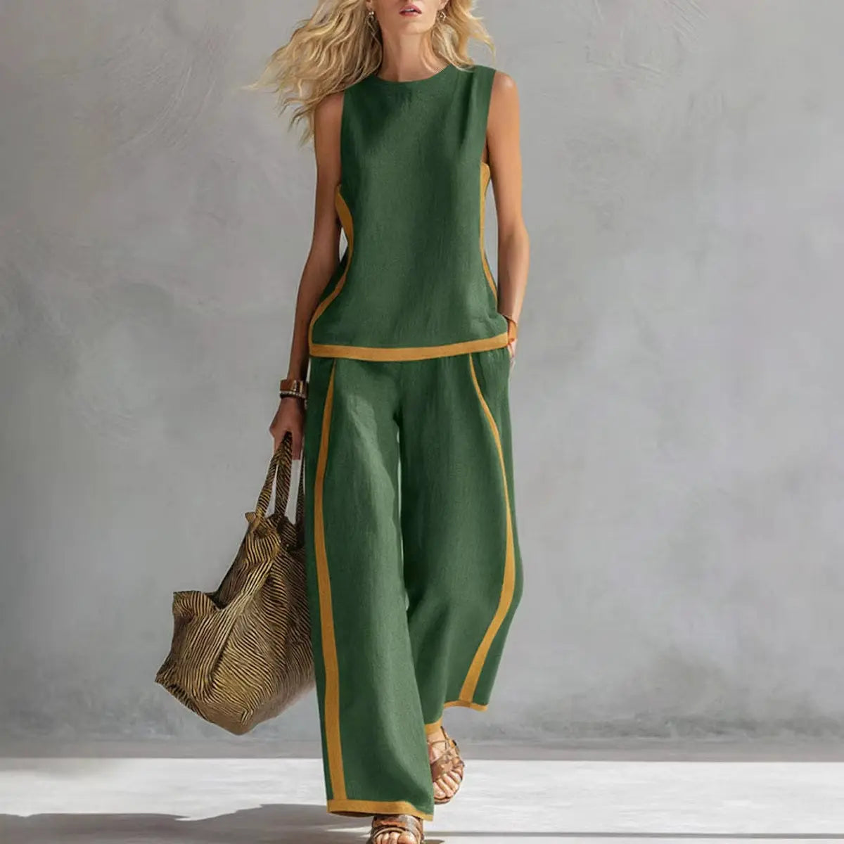 2026  Blend Two Piece Set for Women Sleeveless Color Block Top Wide Leg Pants Set Casual Summer Outfit # Set # WideLegPants # ColorBlock # SummerOutfit # BohoFashion # CasualWear # Outfit of the Day # WomensFashion