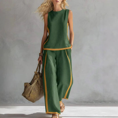 2026  Blend Two Piece Set for Women Sleeveless Color Block Top Wide Leg Pants Set Casual Summer Outfit # Set # WideLegPants # ColorBlock # SummerOutfit # BohoFashion # CasualWear # Outfit of the Day # WomensFashion
