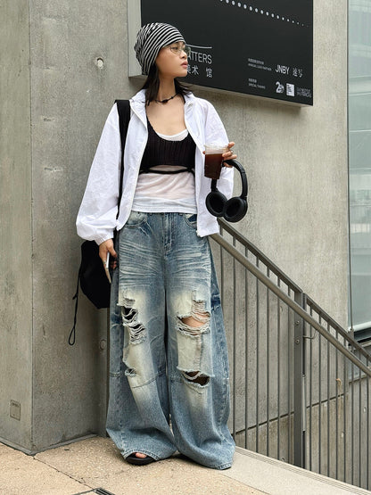 Women's Distressed Ripped Wide Leg Jeans High Waist Baggy Denim Pants Streetwear Y2K Casual Summer Outfit