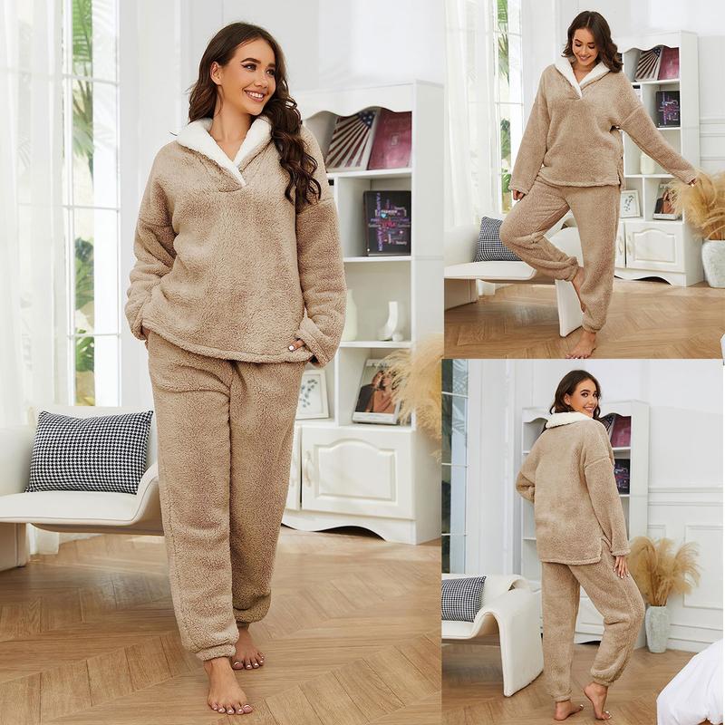 XiaRan Women's Fluzzy Sherpa Fleece Pajamas Warm Pullover Lapel Sleepwear Sets