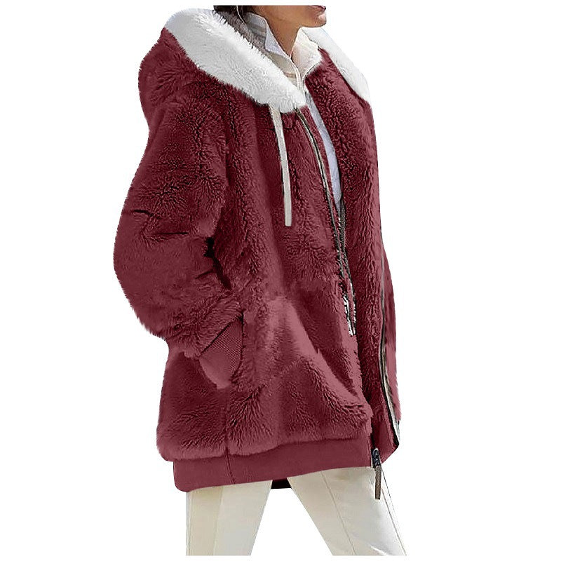 Grenzüberschreitendes Amazon Hot Europe und America2023 Herbst und Winter Loose Plush Long Sleeve Zipper Pocket Hooded Warm Jacket Women 