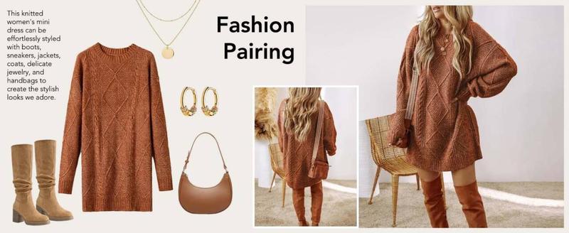 2025 Women's Round Neck Long Sleeve Sweater Dress Casual Loose Fit Cable Knit Pullover Mini Dress - Seldom Seen Styles