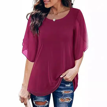 Women's Tops 3/4 Sleeve Blouses Dressy Casual Double Layers Mesh Tunic Shirts