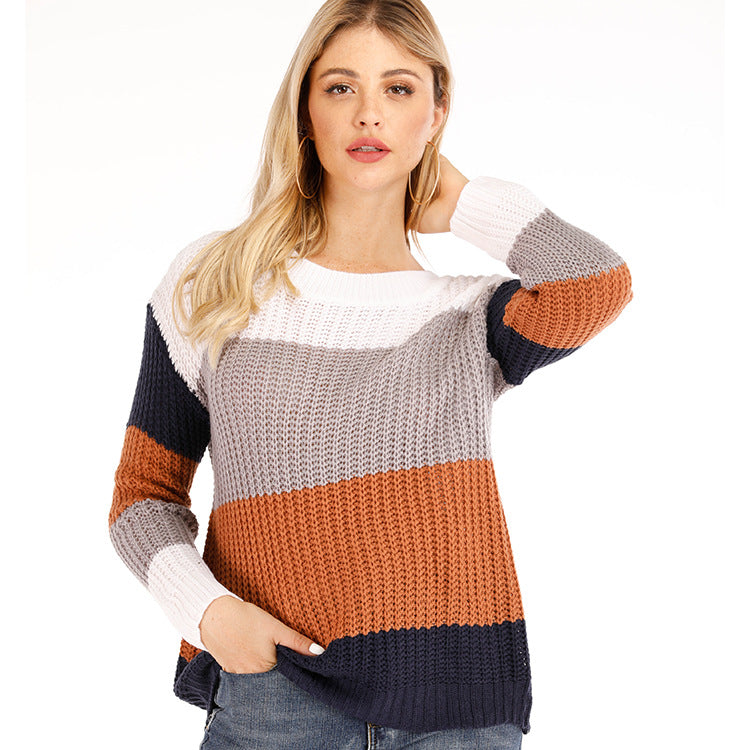 Cross-Border2024Autumn and Winter Amazon New Contrast Color Striped Pullover Women's Loose plus Size Rainbow Sweater Women's