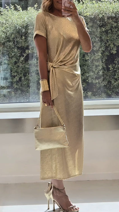 Ladies Round Neck Pleated Slit Temperament Casual Dress