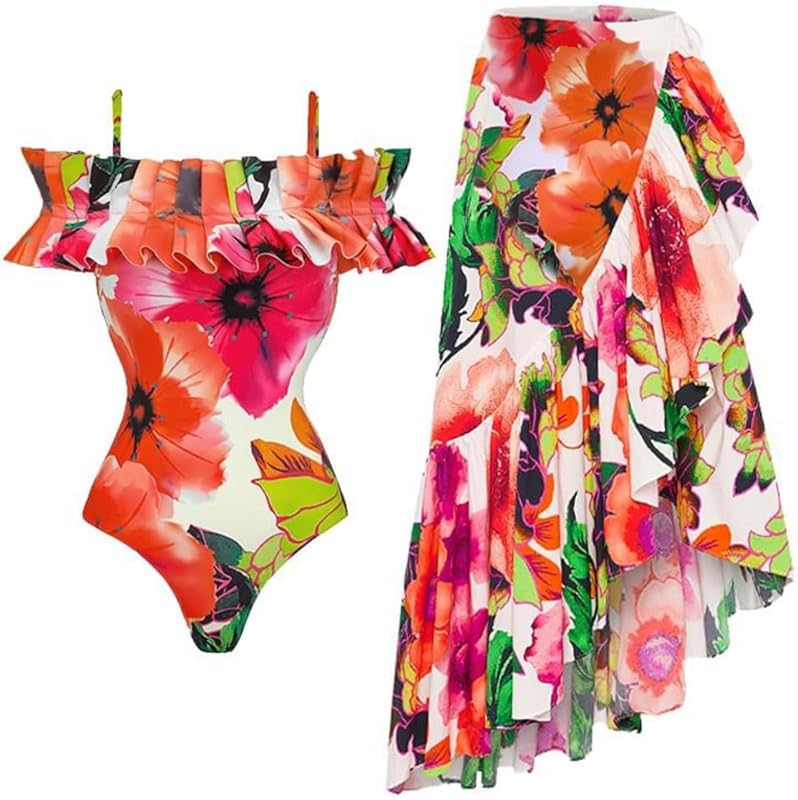 Women's 2 Pieces Sarong Swimsuit Set Sleeveless Floral Print Swimwear with Cover Up Bathing Suits Beachwear - Seldom Seen Styles