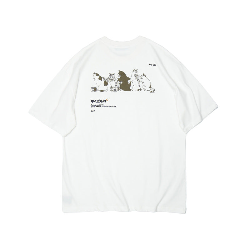 Crew Neck Short Sleeve Japanese Cat Illustration Back Print T-Shirt Loose Oversized Harajuku Casual Couple Summer Top | Meow Row