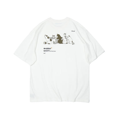 Crew Neck Short Sleeve Japanese Cat Illustration Back Print T-Shirt Loose Oversized Harajuku Casual Couple Summer Top | Meow Row