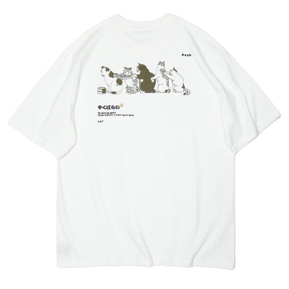Crew Neck Short Sleeve Japanese Cat Illustration Back Print T-Shirt Loose Oversized Harajuku Casual Couple Summer Top | Meow Row