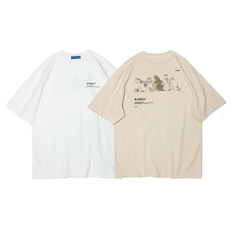 Crew Neck Short Sleeve Japanese Cat Illustration Back Print T-Shirt Loose Oversized Harajuku Casual Couple Summer Top | Meow Row