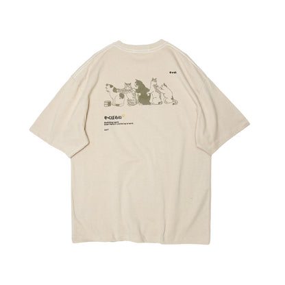 Crew Neck Short Sleeve Japanese Cat Illustration Back Print T-Shirt Loose Oversized Harajuku Casual Couple Summer Top | Meow Row