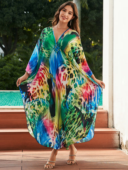 [Plus Size] Butterfly/feather Print Ruched Split Hem Tunic Dress, Valentine's Day Elegant Batwing Sleeve V Neck Long Dress for Summer, Casual Womenswear, Gift, Homecoming Dresses, Women's Clothes for Beach Holiday Vacation, Moo Moo Dresses