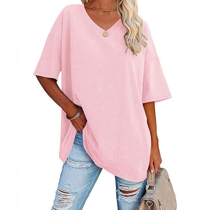 Women's Loose Fit V-Neck T-Shirt Short Sleeve Casual Summer Tops Solid Color Lightweight Breathable Cotton Blend Tee Shirt for Women